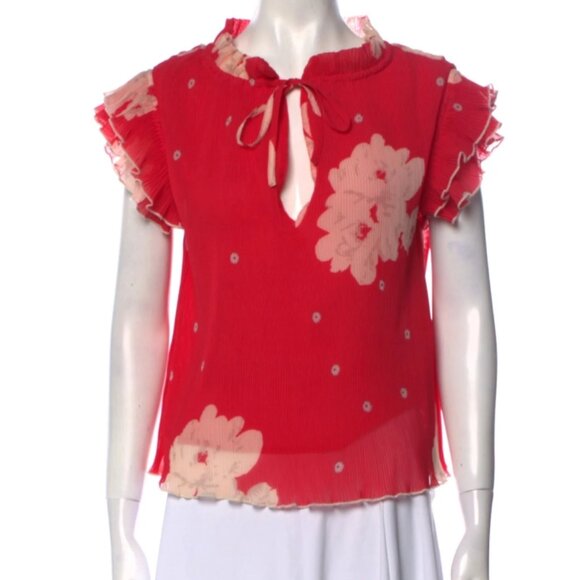 NWOT GANNI Ruffle Cap Sleeves Red Floral Plissé Chiffon Tie Blouse/Top S $265 - Picture 4 of 10
